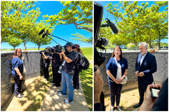 Pauline Iriarte, niece of Basque American serviceman Alejandro Itcea, speaks with media