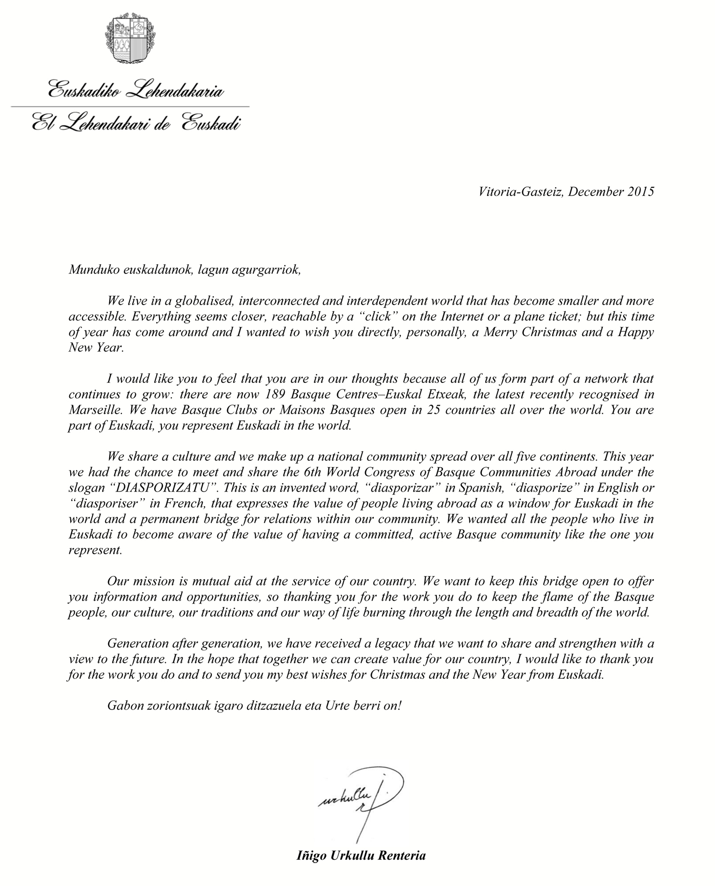 Lehendakari's Christmas Message